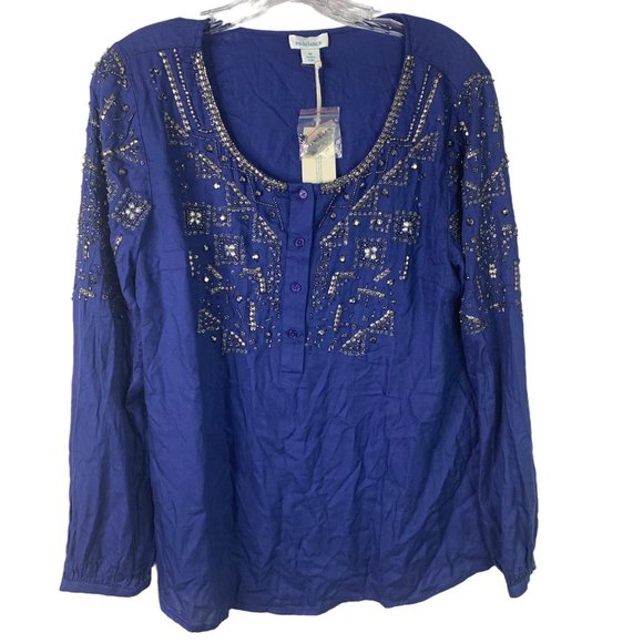 Sundance Tops - Sundance Beaded Beaded Blouse Size M Blue Long Sleeve Bedazzled